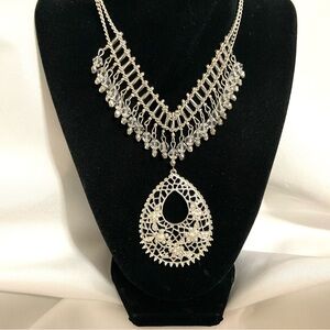 Silver Tone Statement Necklace Featuring Rhinestone Beadwork & Crystals